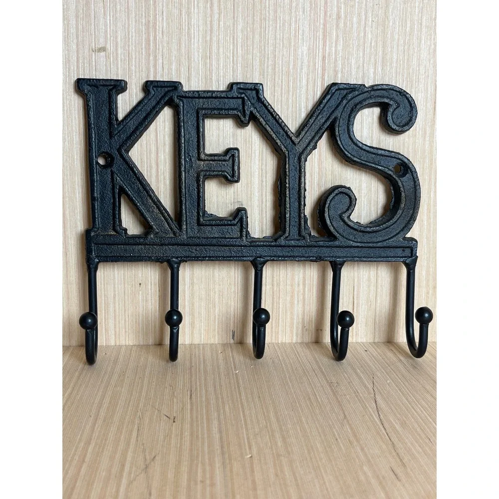 Vintage Cast Iron Wall Mounted Key Rack 5 Hook Entryway Organizer Black Rustic